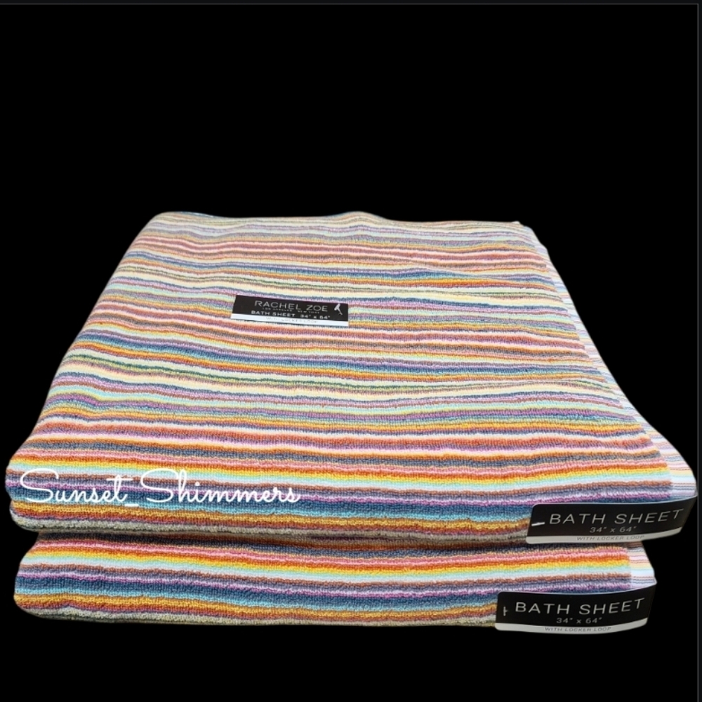 2pc Rachel Zoe Cotton Rainbow Striped Multicolored Bath Sheet / Beach Towel Set - Picture 2 of 5